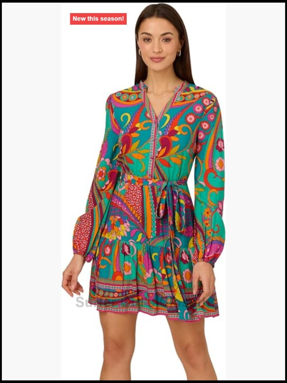 Adrianna Papell Printed Short Dress V-Neck Long Sleeve Blouson Rayon